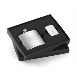 Personalized Brushed Flask and Zippo Lighter Gift Set