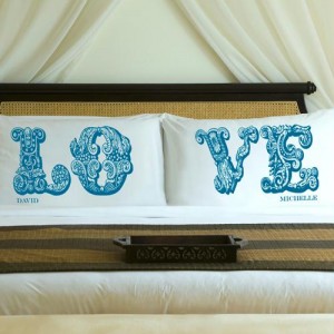 Personalized Blissful Blue LOVE Connection Pillow Case Set